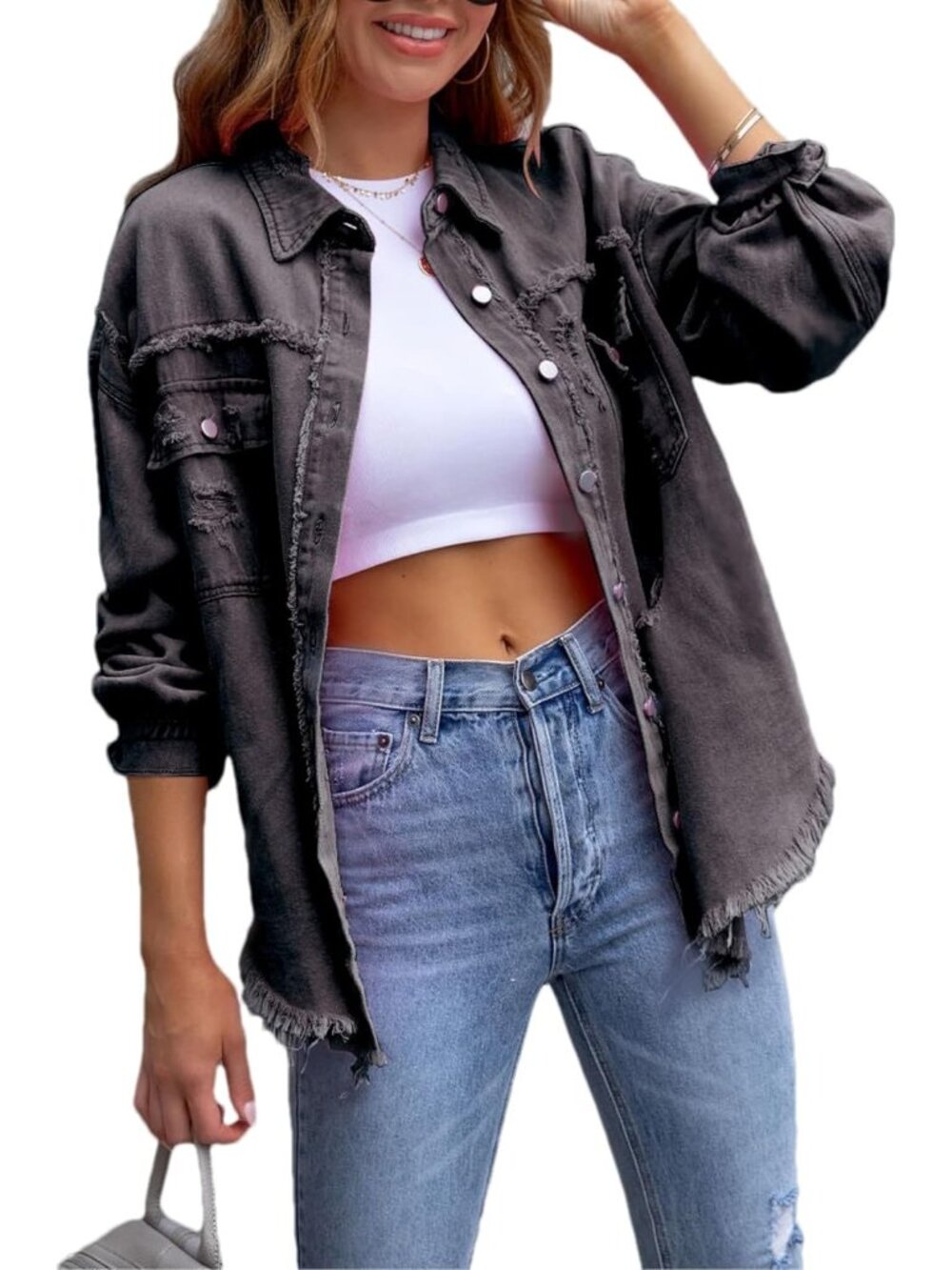 Women's Grey Ripped Distressed Denim Jacket Oversized Basic Casual Jean Jacket